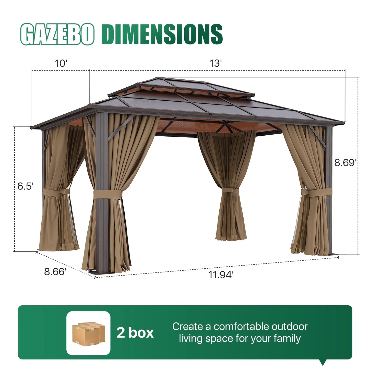 Clouddwell 10'x13' Hardtop Gazebo - Polycarbonate Double Roof with Netting & Curtains for Patio, Garden Sun Protection,Browm