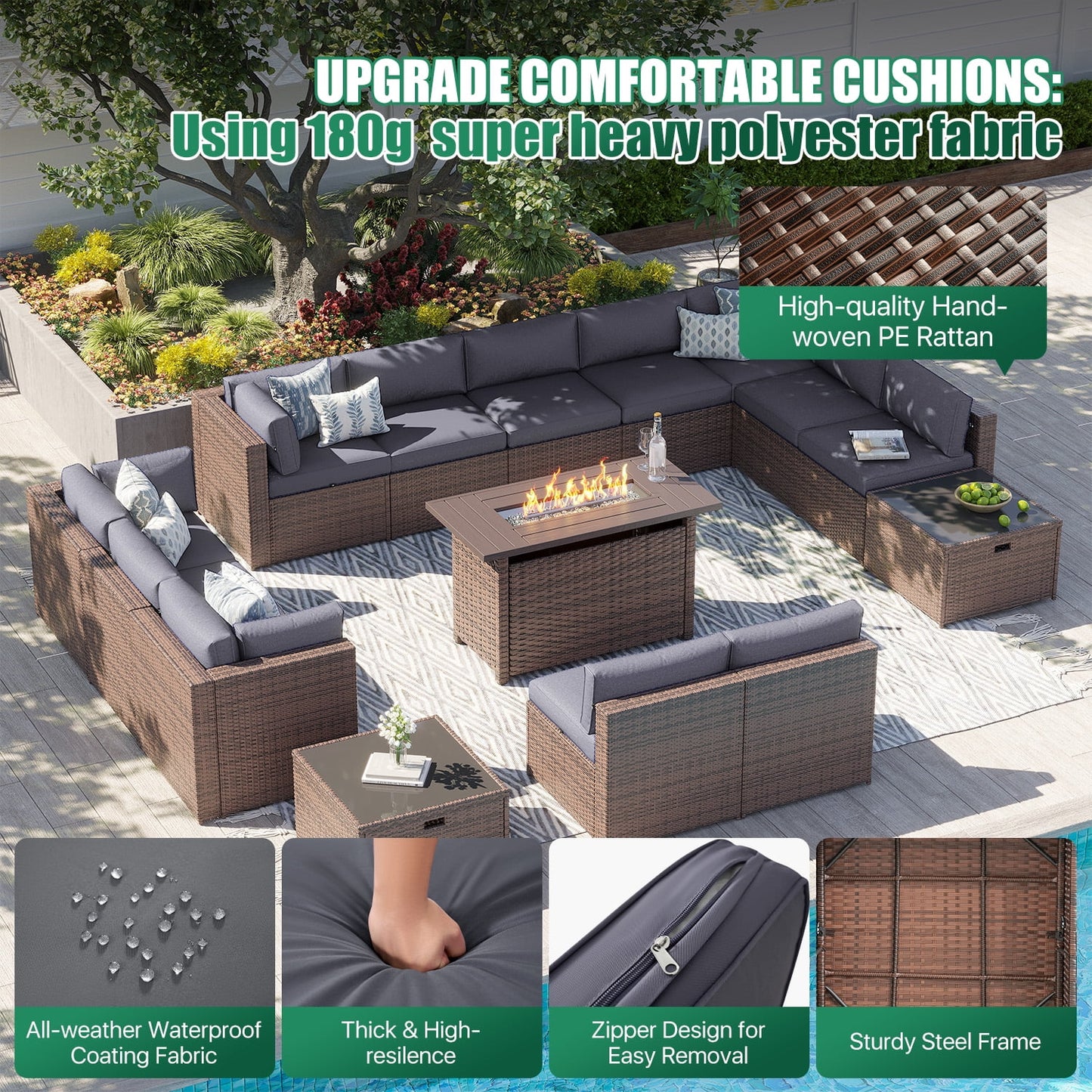 Clouddwell 15 Piece Patio Furniture Set with 44” Fire Pit Table Wicker Rattan Patio Conversation Set Outdoor Sectional Sofa Set with Coffee Table and Gray Cushions(Waterproof Cover Included)