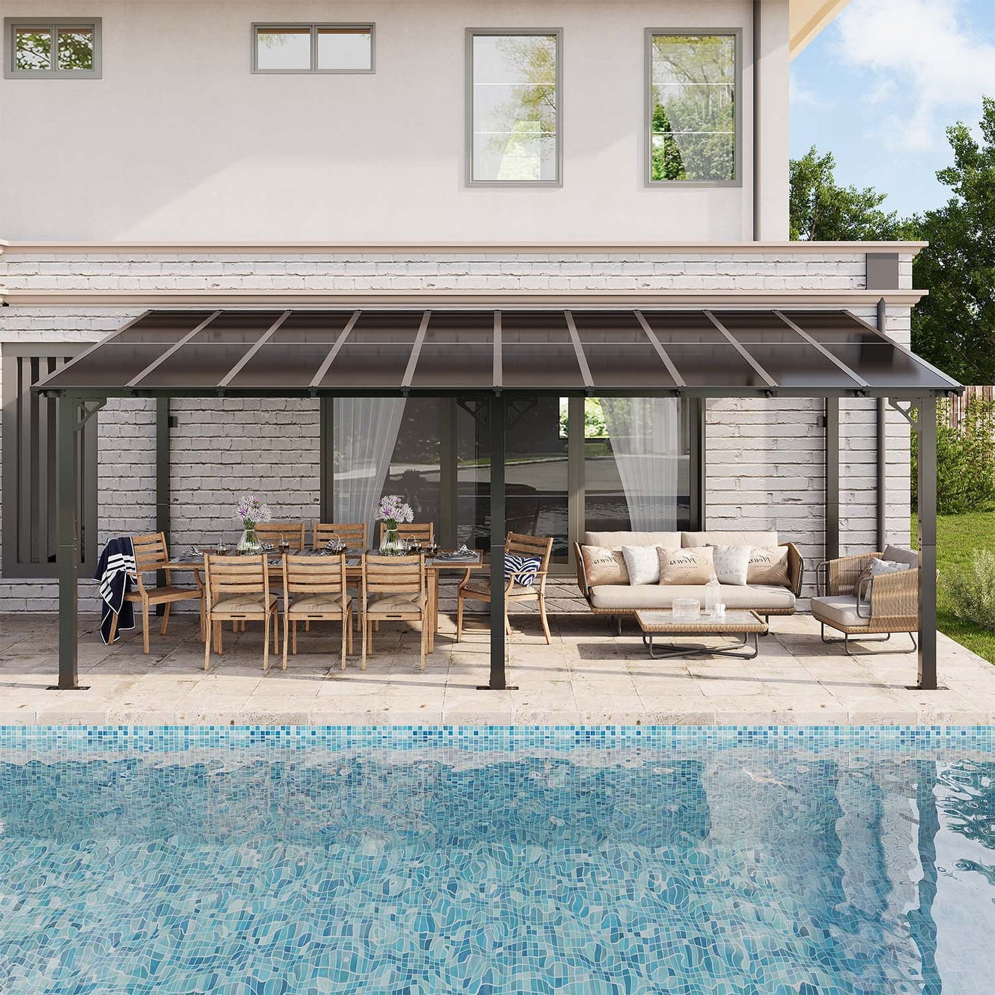 Clouddwell 20'x 10' Wall-Mounted Gazebo Pergola with Aluminum Top Frame & Polycarbonate Panel, Large Heavy-Duty Awnings for Backyard Black
