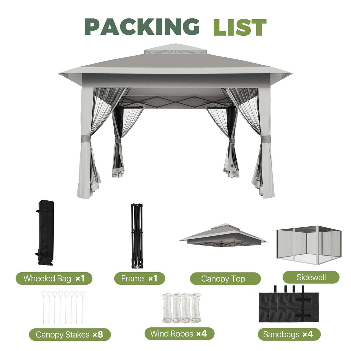 Dateyes 12x12 FT Pop Up Gazebo, Outdoor Gazebo Canopy with Mosquito Netting, 3 Adjustable Heights, Portable Patio Gazebo Tent for Backyard, Patio, Gray