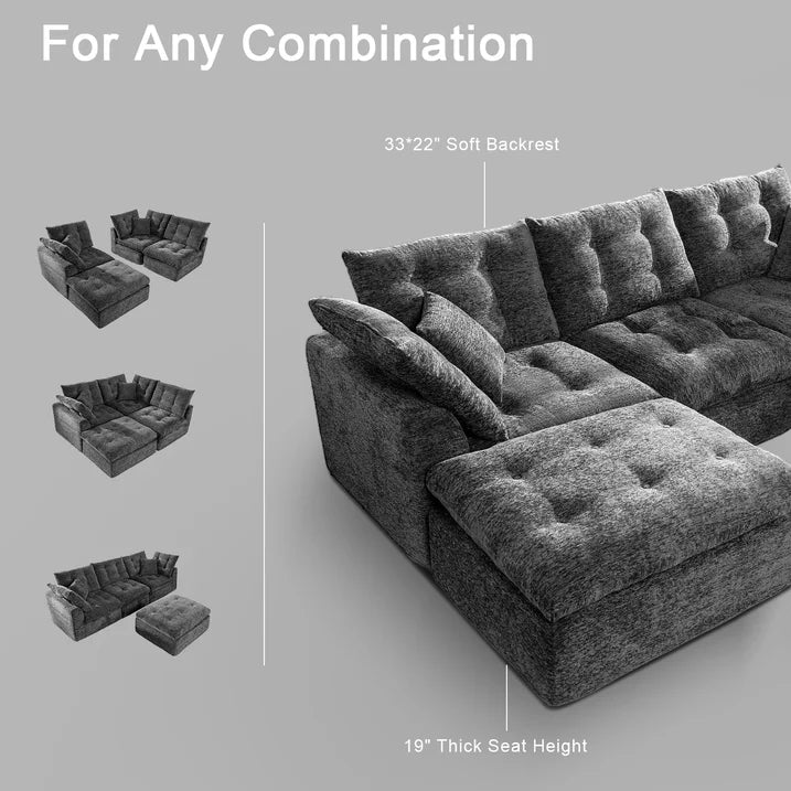 Sonegra 112" Oversized Modular Sectional L Shaped Sofa, Wide & Deep Seat Boneless Cloud Couch With Multi-Purpose Round Pillow, No Assembly (Grey)