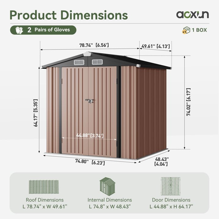 Aoxun 6 x 4 ft Outdoor Metal Storage Shed with Lock, Galvanized Metal Shed with Air Vents, Brown