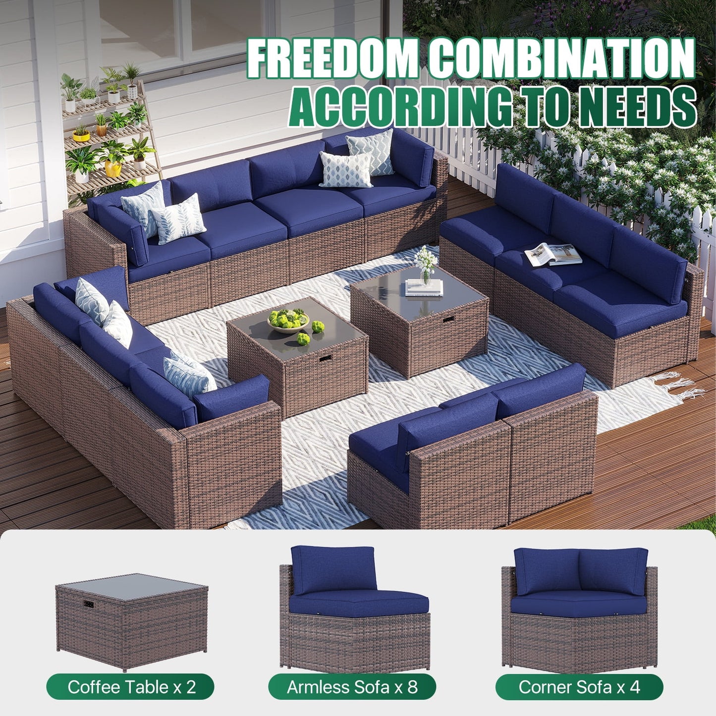 Clouddwell 14 Piece Patio Furniture Set Wicker Rattan Patio Conversation Set Outdoor Sectional Sofa Set with Coffee Table and Blue Cushions