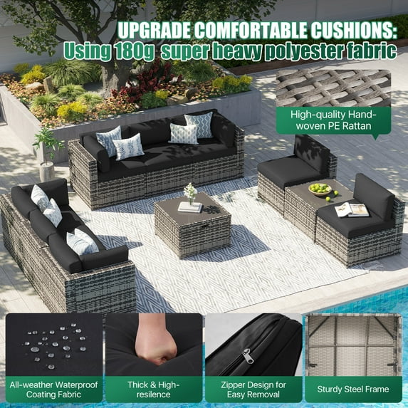 Clouddwell 10 Piece Patio Furniture Set Wicker Rattan Patio Conversation Set Outdoor Sectional Sofa Set with Coffee Table and Black Cushions(Waterproof Cover Included)