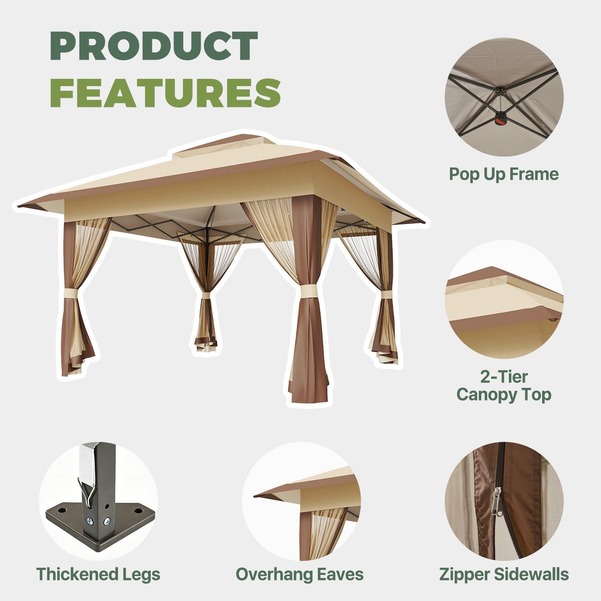 Dateyes 13x13 FT Pop Up Gazebo, Outdoor Gazebo Canopy with Mosquito Netting, 3 Adjustable Heights, Portable Patio Gazebo Tent for Backyard, Patio, Brown