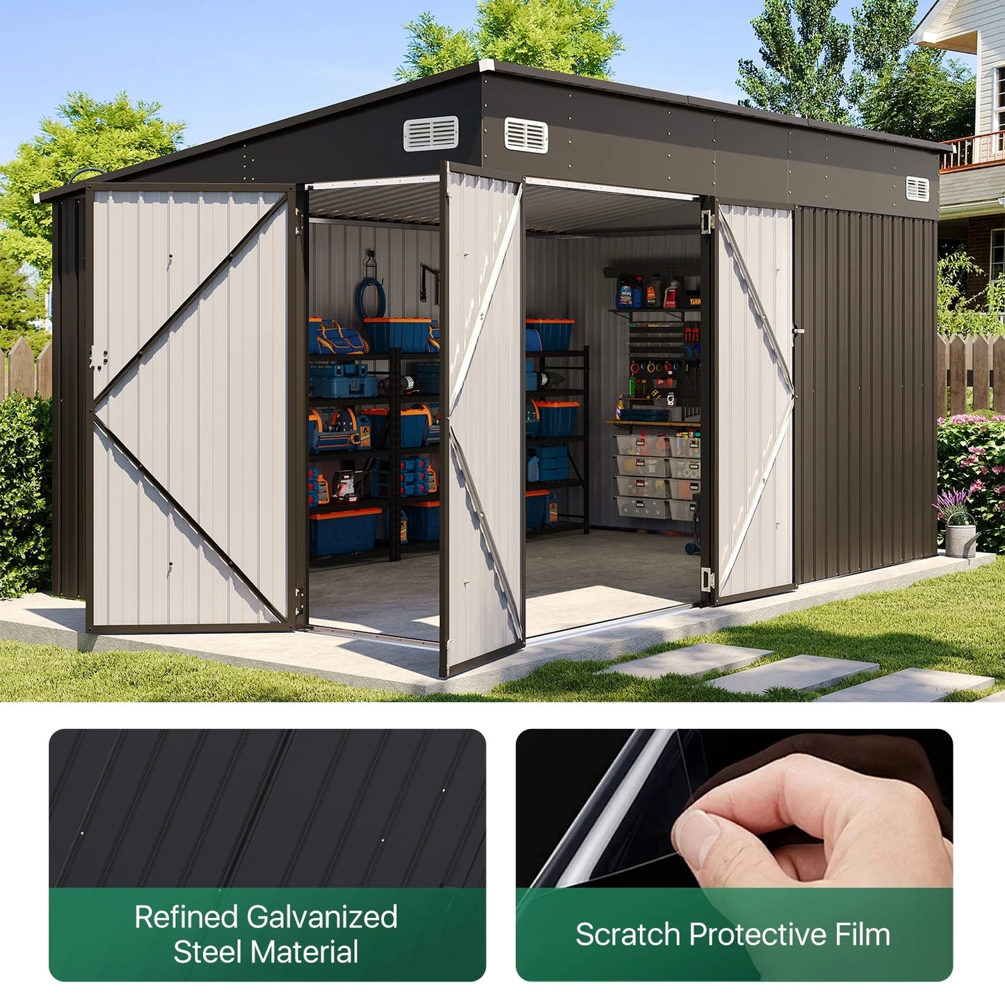 Clouddwell 12ft x 8ft Heavy-Duty Metal Storage Shed with 3 Doors, Lockable Lean-To Design, Weatherproof for Garden & Tools (Black)