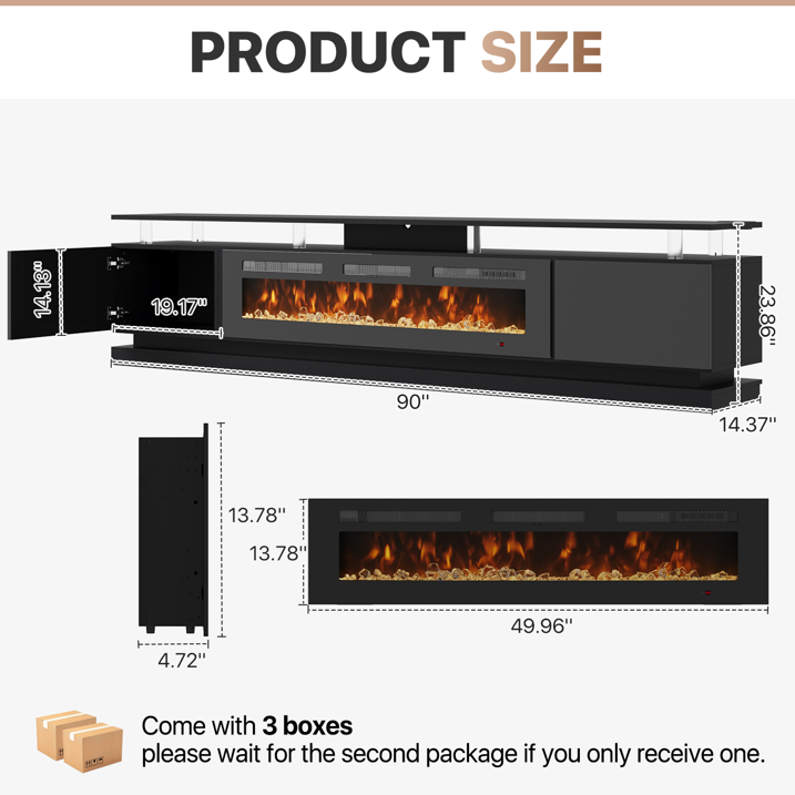 Sonegra Modern Fireplace TV Stand for TVs Up to 100" with music sync LED, 90" Fireplace Entertainment Center with Charging Station, TV Console with Storage Cabinets for Living Room, Black