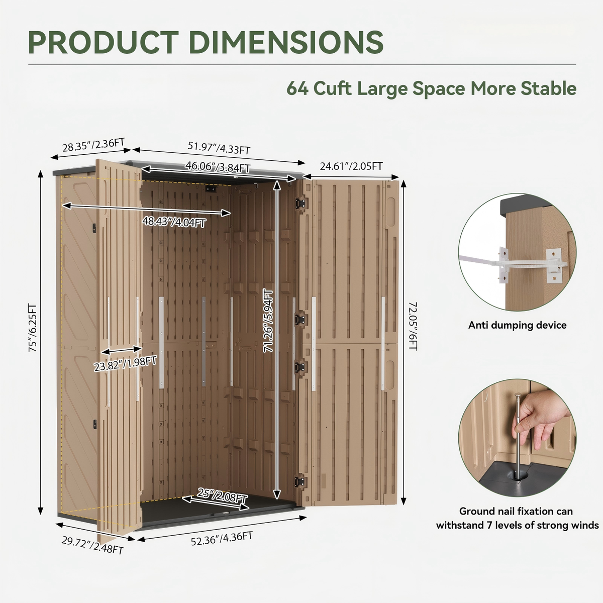 Dateyes 4.5X2.5 FT Resin Outdoor Storage Shed, 64 Cu.ft Waterproof Plastic Storage Sheds with Floor, Weather-Resistant Vertical Outdoor Storage Cabinet with Lockable Doors, Brown