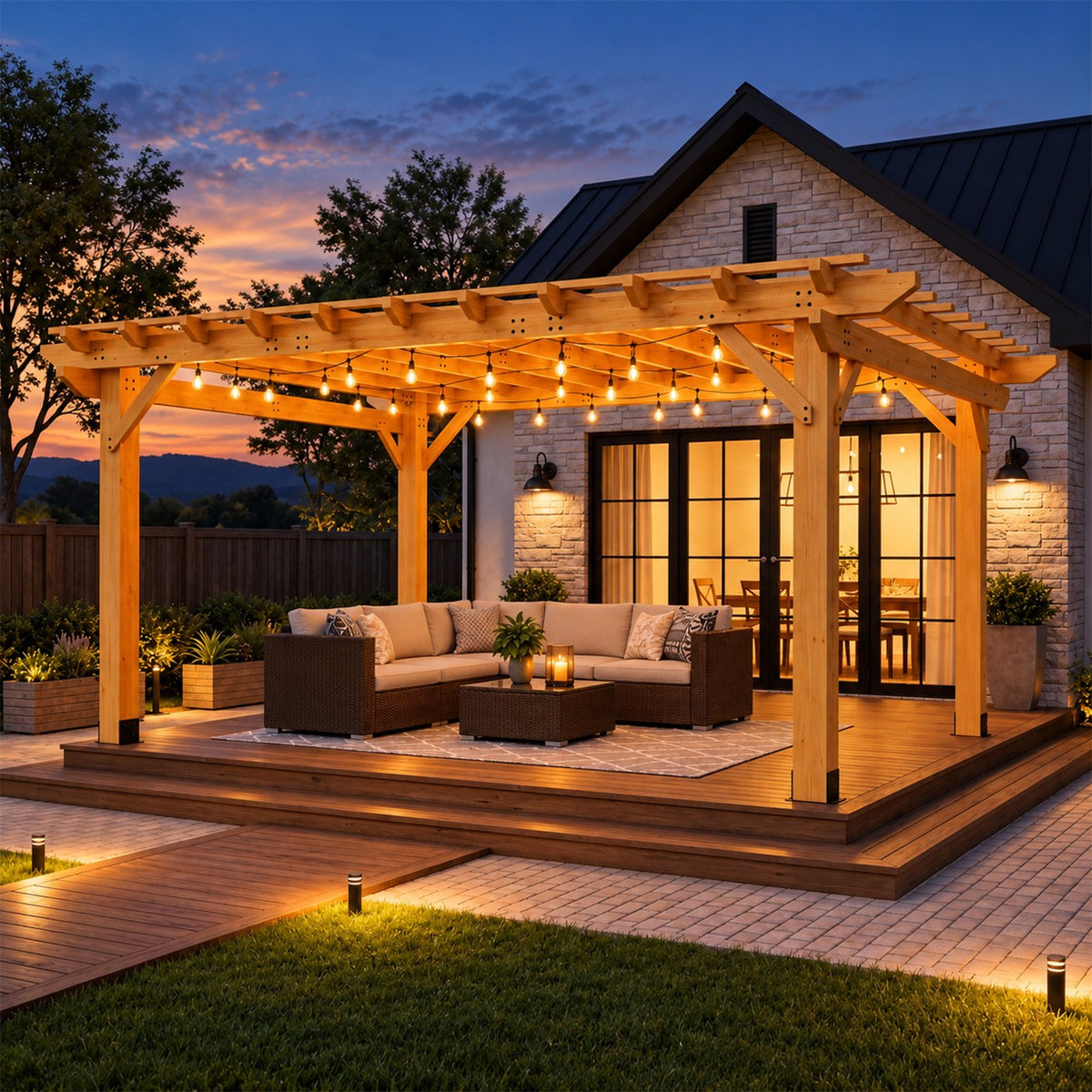Sunmthink 12' x 16' Solid Cedar Outdoor Pergola, Tiered Lattice Canopy, Wind-Resistant up to 100 MPH, Natural Wood Finish for Patio, Deck, Lawn & Garden