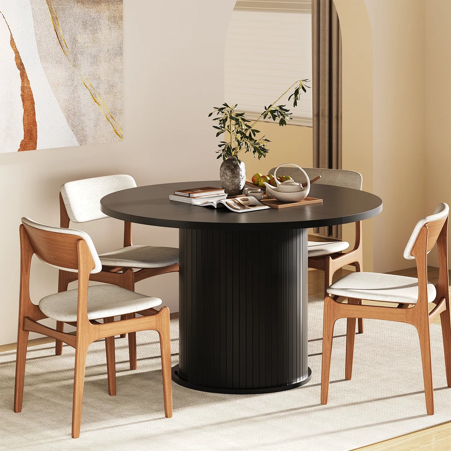 Sonegra 47-inch Round Dining Table with Storage, Modern Fluted Circle Kitchen Table with 2-Layer Storage and Sliding Door, for Kitchen Living Room, Black