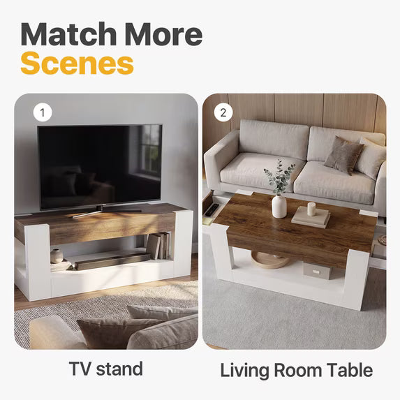 Sonergra 3 Piece Farmhouse Living Room Table Set Coffee Table with Drawers Open Storage and 2 Matching Rustic Wood Side End Tables,White