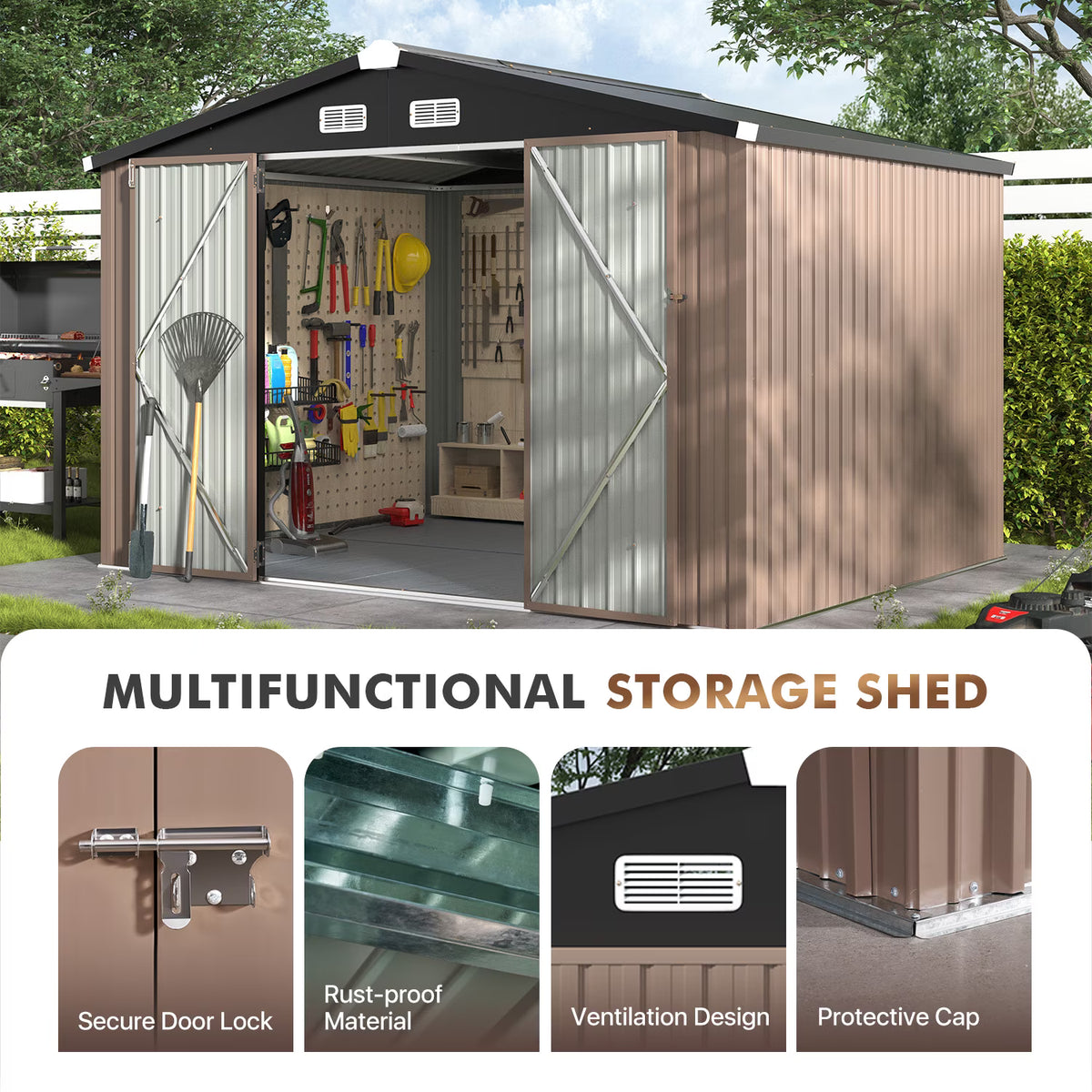 Dateyes 6X8FT Outdoor Storage Shed with Plastic Floor, Metal Tool Shed with Lockable Door and Vents, Patio Shed for Garden, Backyard, Poolside, Brown