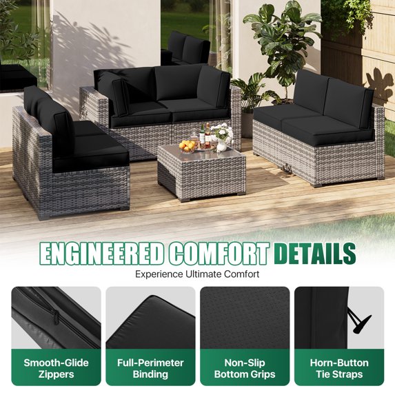 Clouddwell 14-Piece Premium Outdoor Cushion Set, High-Resilience Waterproof Cushions for 6-Seat Wicker Sectional, Comfort Upgrade (Black)