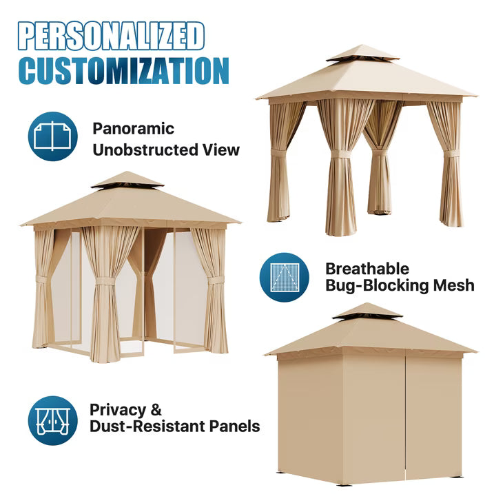 Sunmthink Outdoor Gazebo for Patio 8'x8', Metal Frame Canopy with Double Roofs, Heavy Duty Party Tent and Shelter with Mosquito Netting and Privacy Screen for Backyard,Garden,Deck (Beige)