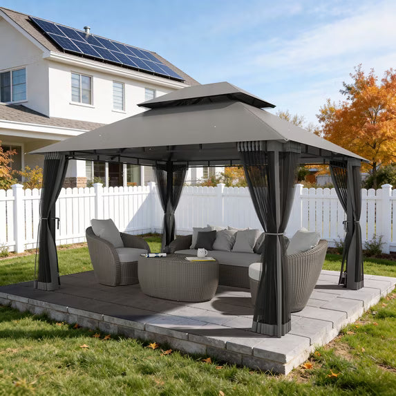 LazySunsets 12'x 10' Patio Gazebo Double Roof Protection All-Weather Outdoor Shelter Features Insect Screens for Backyard, Lawn, (Gray)