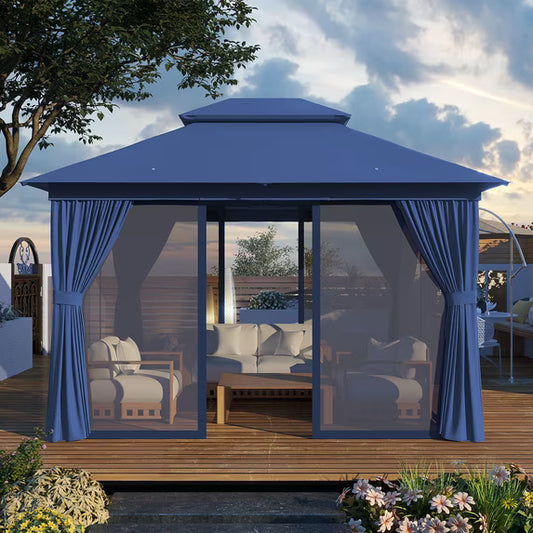 Sunmthink Outdoor Gazebo for Patio 10'x12', Metal Frame Canopy with Double Roofs, Heavy Duty Party Tent and Shelter with Mosquito Netting and Privacy Screen for Backyard,Garden,Deck (Blue)