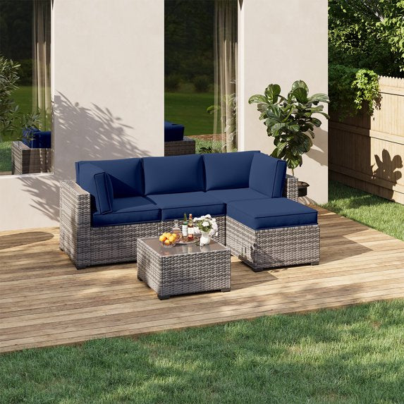 Clouddwell 9-Piece Premium Outdoor Cushion Set, High-Resilience Waterproof Cushions for 4-Seat Wicker Sectional, Comfort Upgrade (Navy Blue)