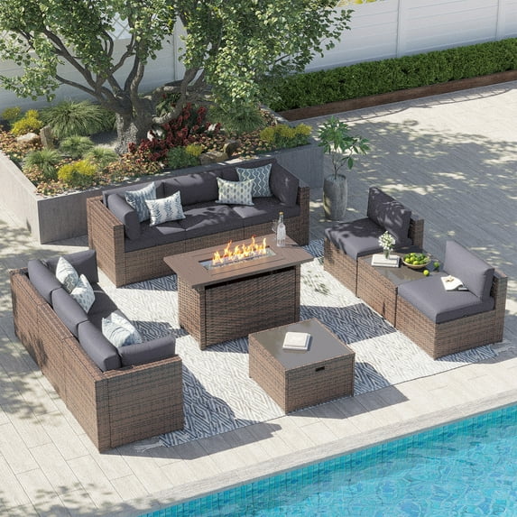 Clouddwell 12 Piece Patio Furniture Set with 44” Fire Pit Table Wicker Rattan Patio Conversation Set Outdoor Sectional Sofa Set with Coffee Table and Gray Cushions(Waterproof Cover Included)