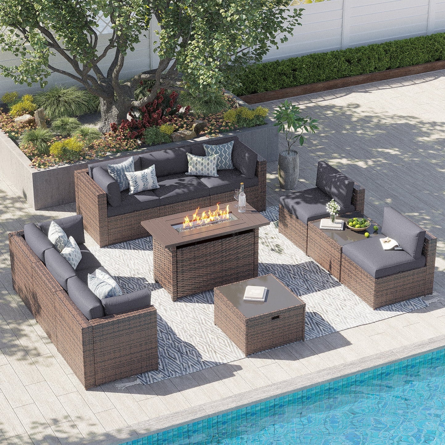 Clouddwell 11 Piece Patio Furniture Set with 44” Fire Pit Table Wicker Rattan Patio Conversation Set Outdoor Sectional Sofa Set with Coffee Table and Gray Cushions(Waterproof Cover Included)