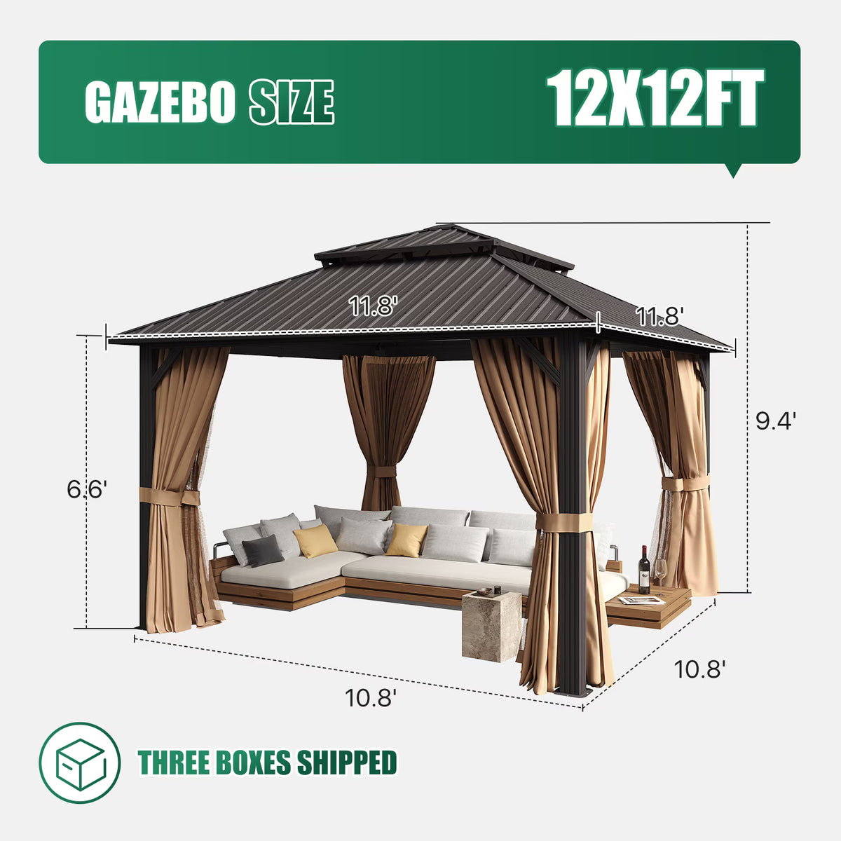 Clouddwell 12' x 12' Gazebo for Patio, Gazebo Pergola with Sloped Roof, Large Wall-Mounted Heavy Duty Awnings, for Deck, Patio and Backyard,Brown