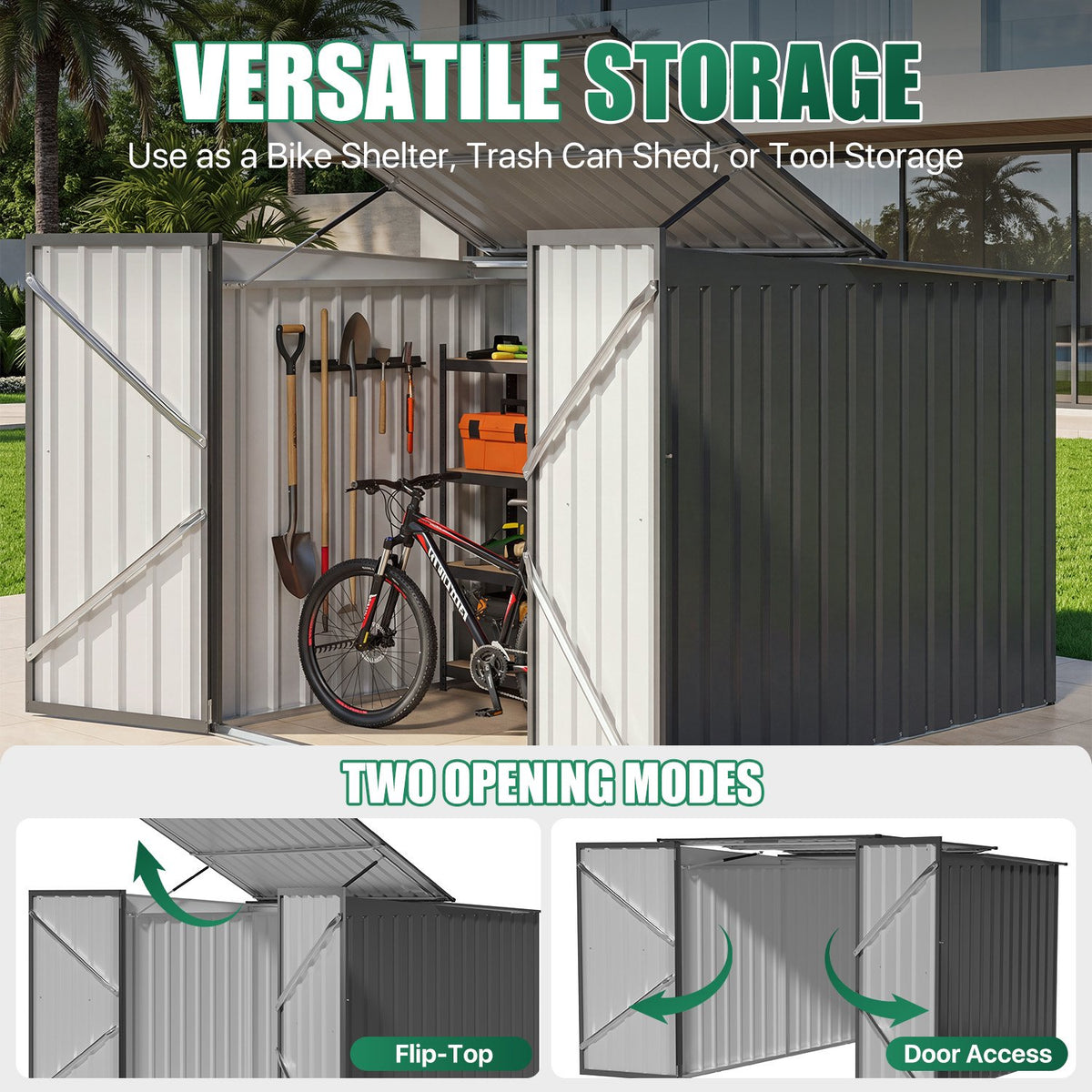 Dateyes Outdoor Storage Shed, 4.6x6.4 FT Bike Storage Shed with Flip Lid & Double Doors, Metal Outdoor Storage Cabinet for Garden, Backyard, Black