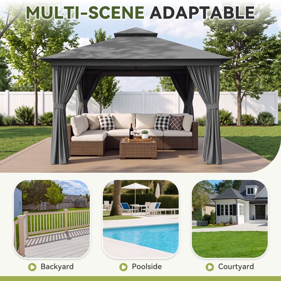 Sunmthink Outdoor Gazebo for Patio 12'x12', Metal Frame Canopy with Double Roofs, Heavy Duty Party Tent and Shelter with Mosquito Netting and Privacy Screen for Backyard,Garden,Deck (Gray)