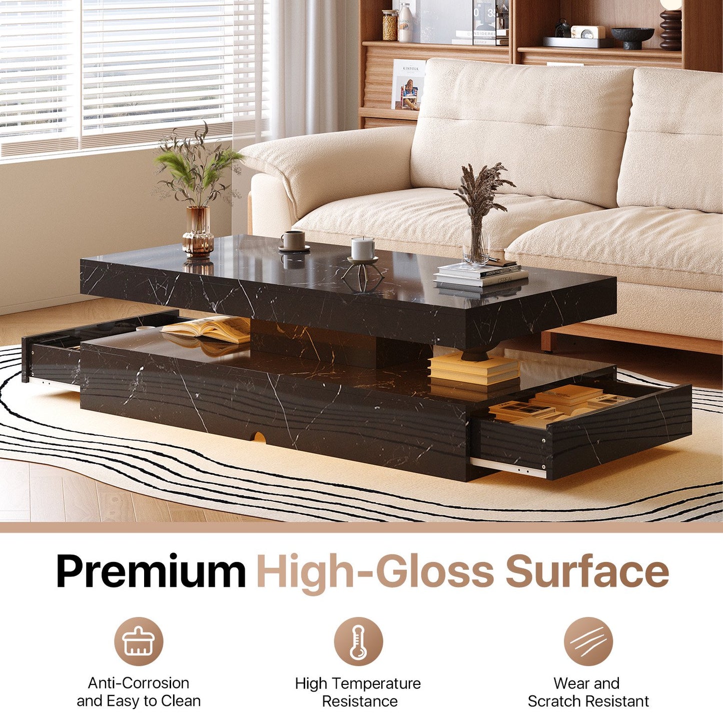 Sonegra 47" High-Glossy LED Coffee Table, Storage Coffee Table with 2 Sliding Drawers for Living Room, Modern Stylish Double-Layer Center Tables with LED Lights, Marble Black