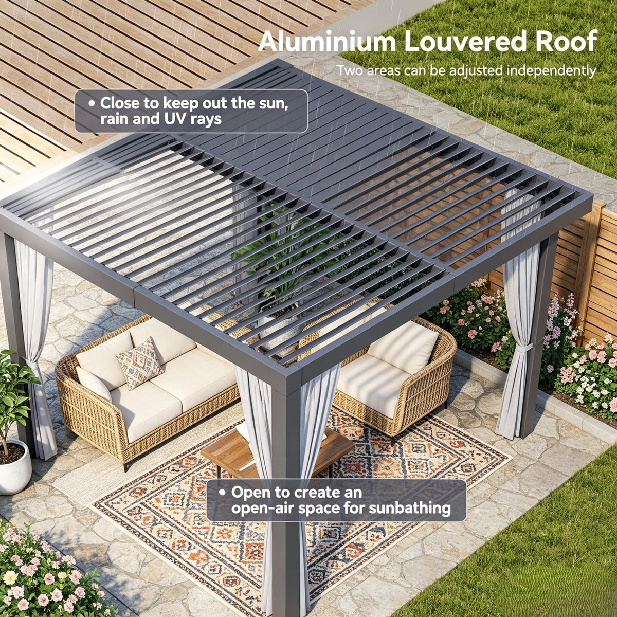 Clouddwell 12' × 16' Adjustable Louvered Pergola, Outdoor Aluminum Pergola with Curtains & Netting for Backyard, Deck & Poolside, Gray