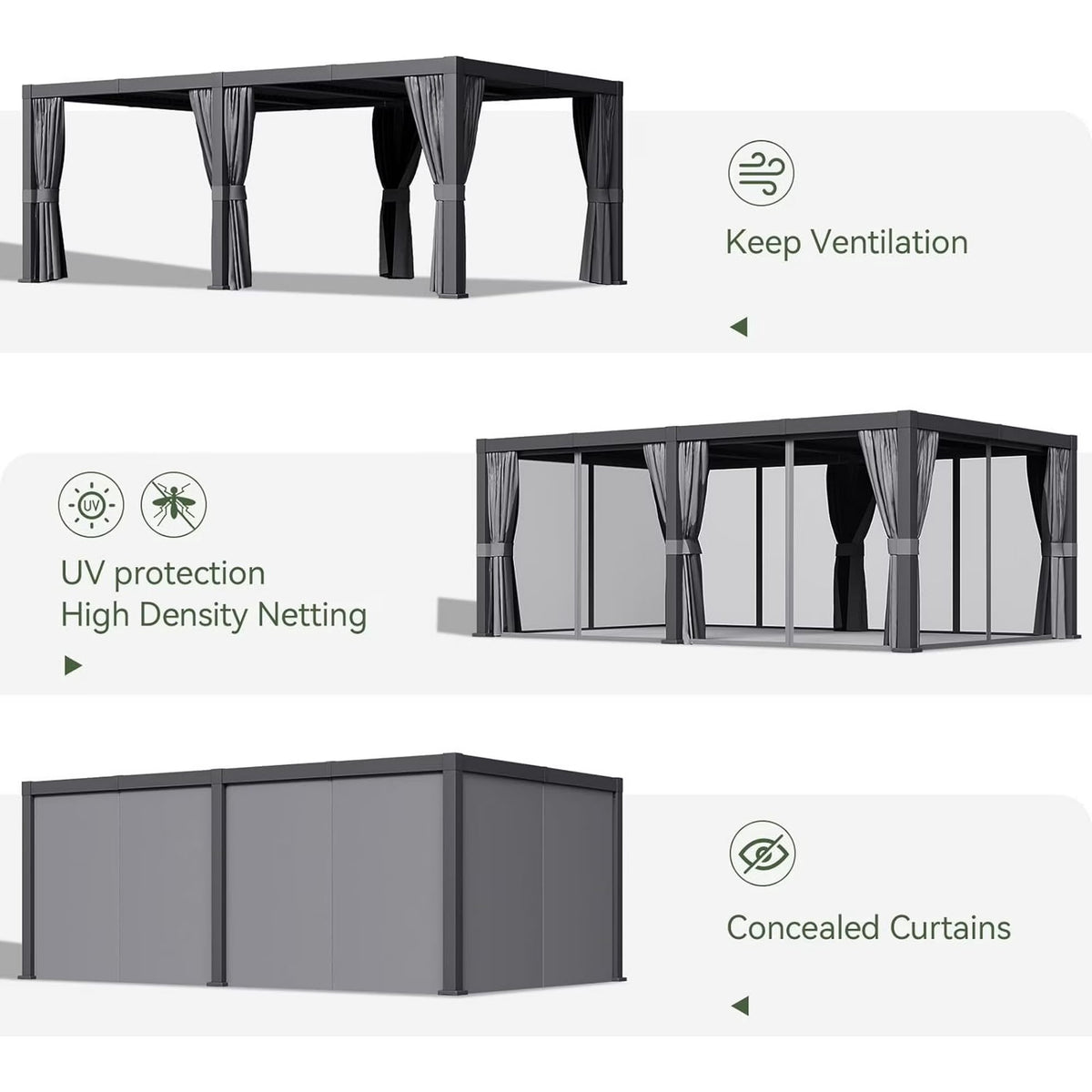 Clouddwell 12' × 20' Adjustable Louvered Pergola, Outdoor Aluminum Pergola with Curtains & Netting for Backyard, Deck & Poolside, Gray