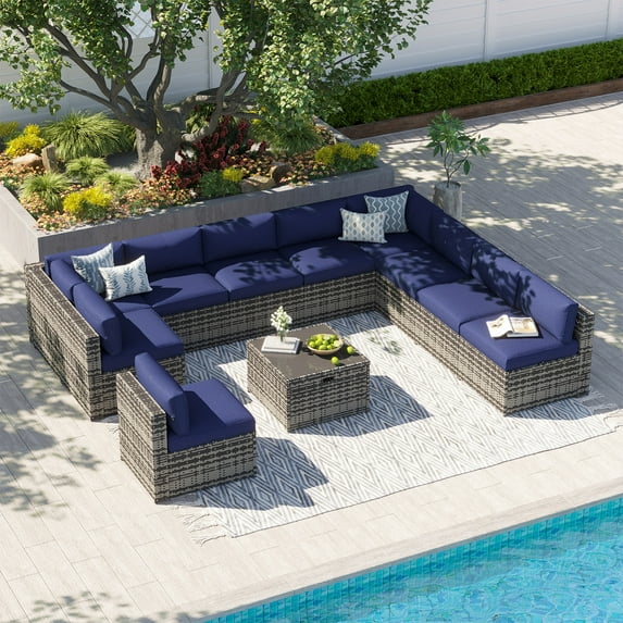Clouddwell 11 Piece Patio Furniture Set Wicker Rattan Patio Conversation Set Outdoor Sectional Sofa Set with Coffee Table and Blue Cushions(Waterproof Cover Included)