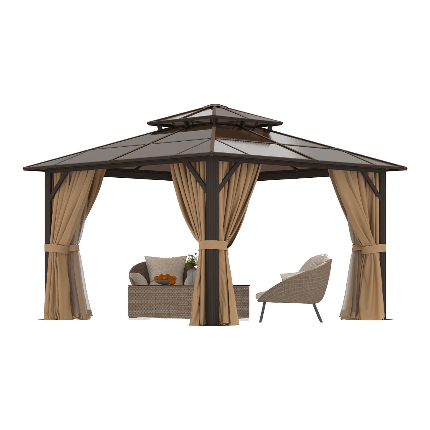 Sunmthink 12' x 12' Hardtop Gazebo,Polycarbonate Double Roof,Aluminum Frame with Curtains and Netting for Patio,Garden,Brown
