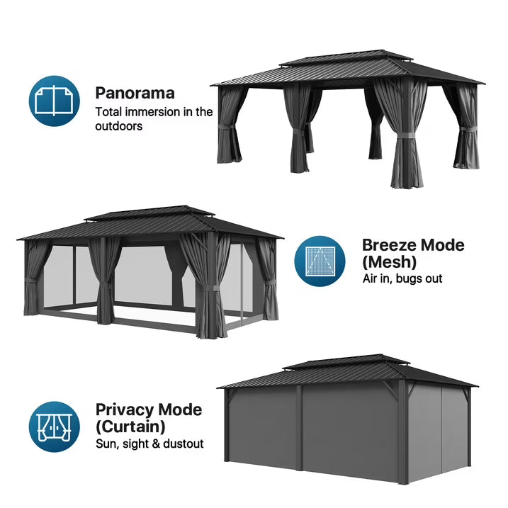 Sunmthink 12' x 20' Hardtop Gazebo with Mosquite Netting, Double Metal Roof for Lawn and Garden, Gray