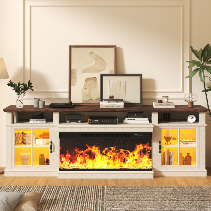 Sonegra 80 inch Fireplace TV Stand for TVs up to 90" with Electric Fireplace, Farmhouse Entertainment Center with LED Lights and Glass Door, Modern TV Consoles for Living Room, White