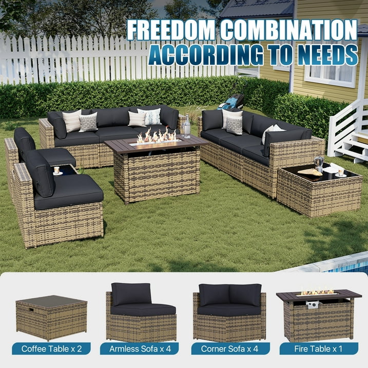 Sunmthink Patio Furniture Sets, 11-Piece Outdoor Patio Furniture with 44'' Propane Gas Firepit Table, Wicker Outdoor Conversation Set and Waterproof Cover for Backyard, Poolside, Garden