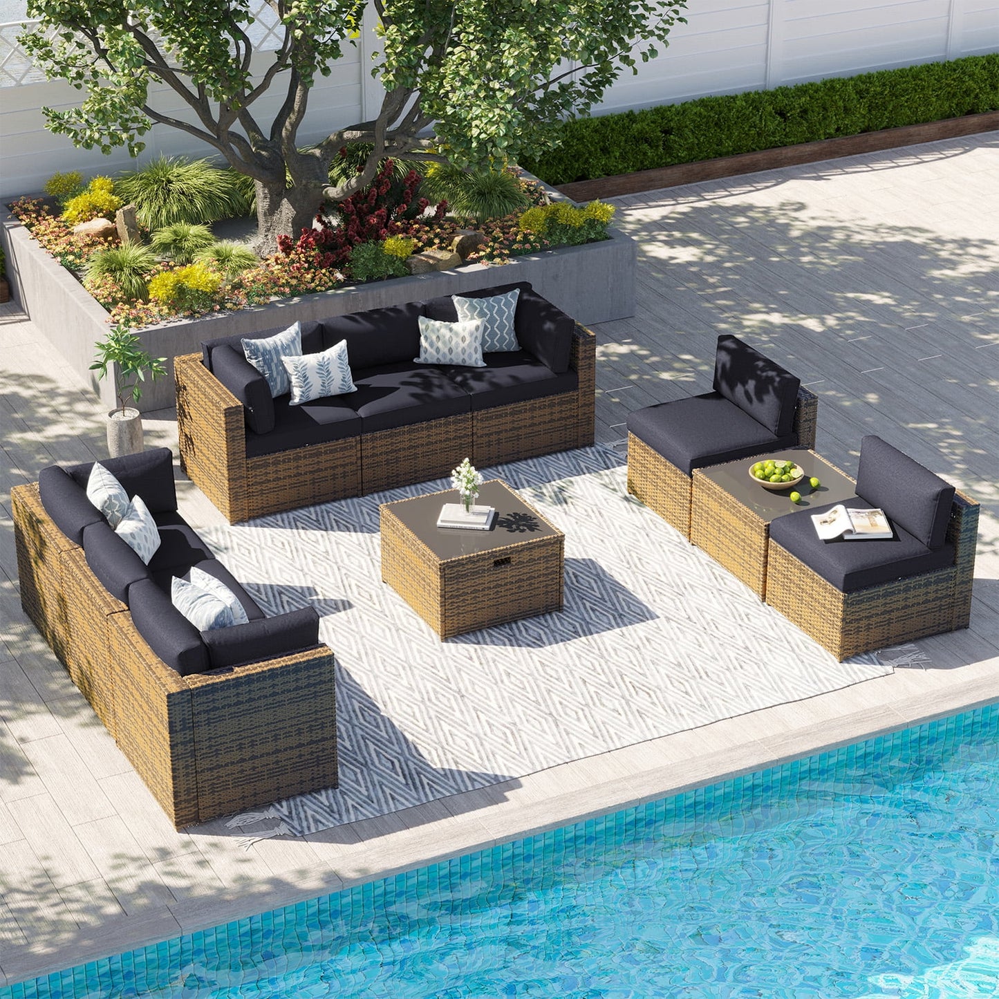Clouddwell 10 Piece Patio Furniture Set Wicker Rattan Patio Conversation Set Outdoor Sectional Sofa Set with Coffee Table and Black Cushions(Waterproof Cover Included)