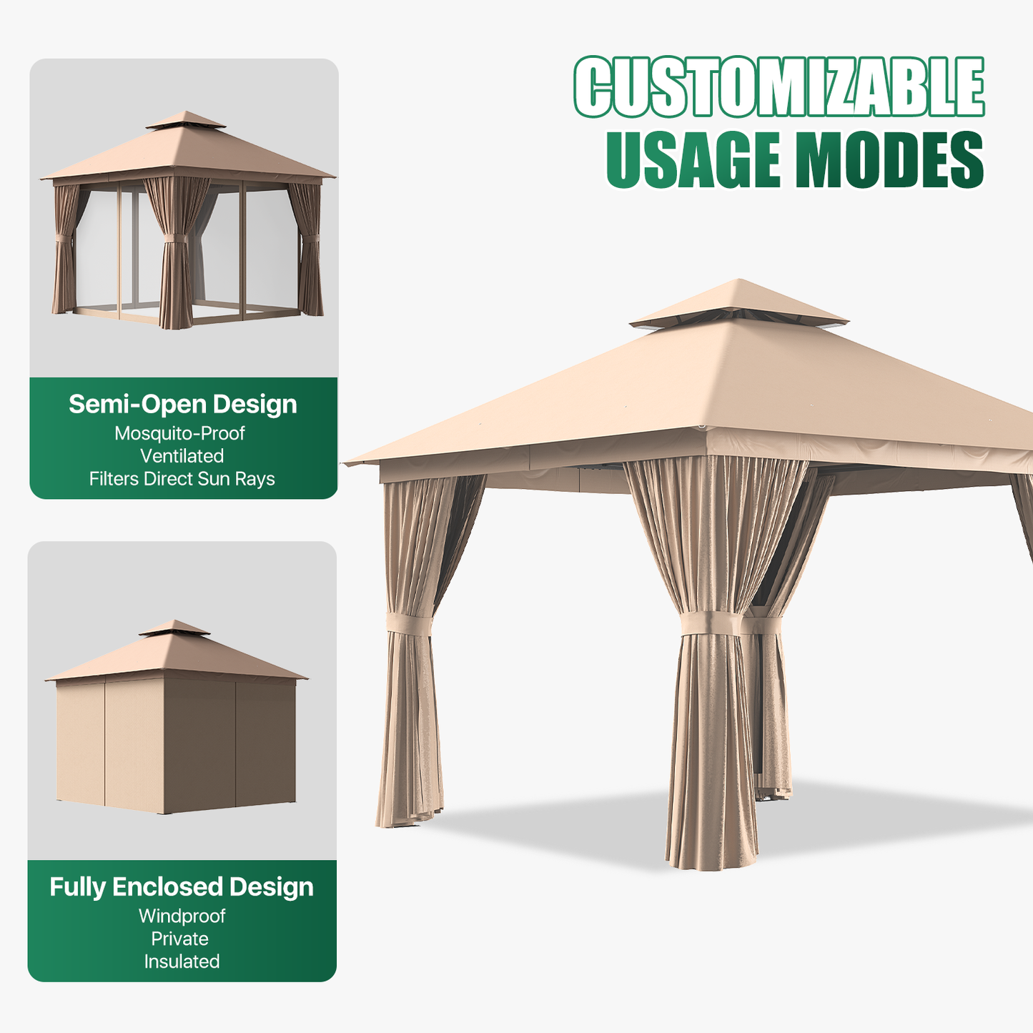Clouddwell 10'x10' Patio Gazebo Double Roof Protection All-Weather Outdoor Shelter Features Insect Screens & Privacy Curtains Ideal for Backyard, Lawn, (Beige)