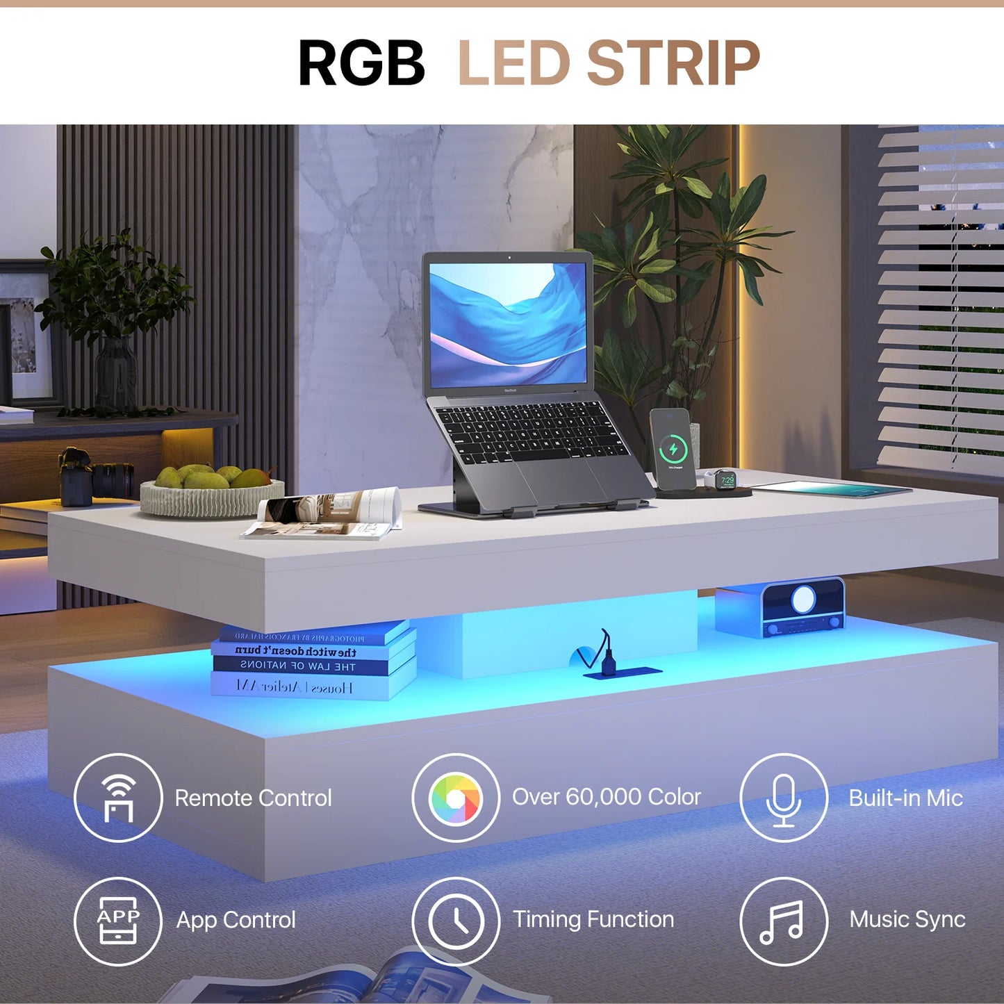 Sonegra 47" High-Glossy LED Coffee Table, Storage Coffee Table with 2 Sliding Drawers for Living Room, Modern Stylish Double-Layer Center Tables with LED Lights, White