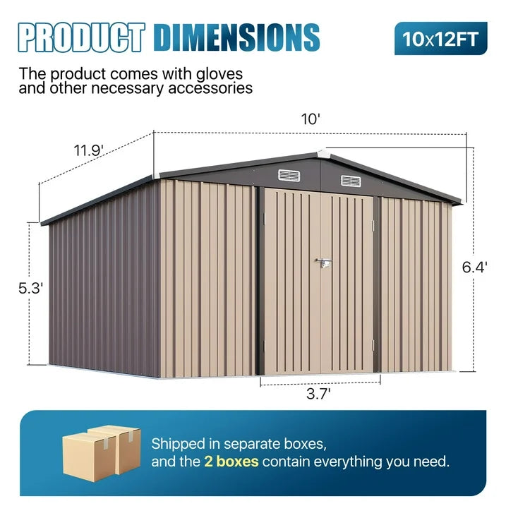 Clouddwell 10 x 12FT Shed Outdoor Storage Shed with Double Hinged Large Door, Large Metal Shed with Lockable Door & Sloped Roof for Garden, Patio and Backyard, Brown