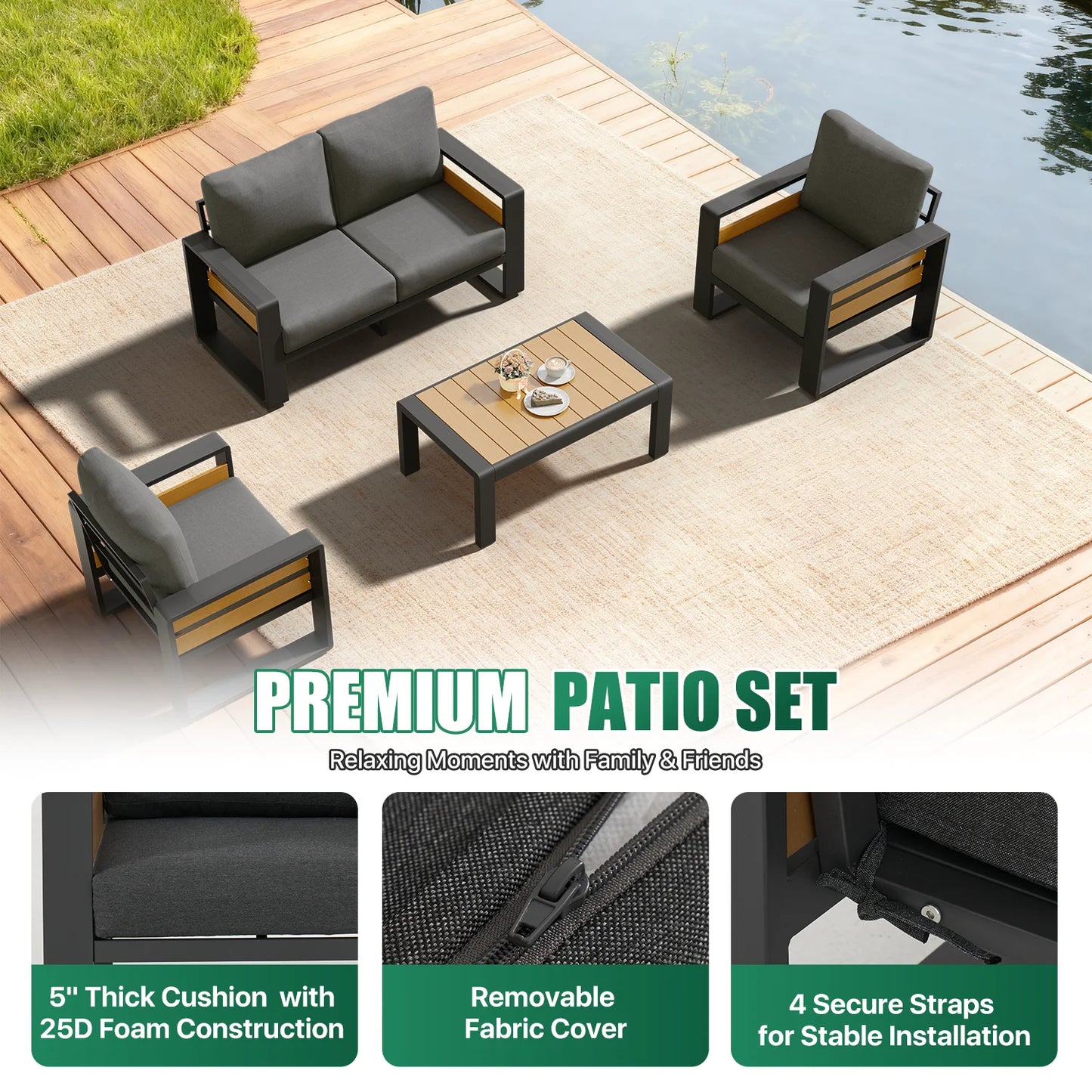 4-Seats Aluminum Patio Furniture Set, Outdoor Metal Sofa Conversation Set with Coffee Table for Pool Garden Porch Backyard, Dark Gray