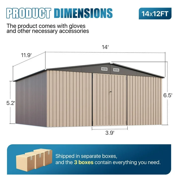 Clouddwell 12 x 14FT Shed Outdoor Storage Shed with Double Hinged Large Door, Large Metal Shed with Lockable Door & Sloped Roof for Garden, Backyard, Patio and Backyard, Brown
