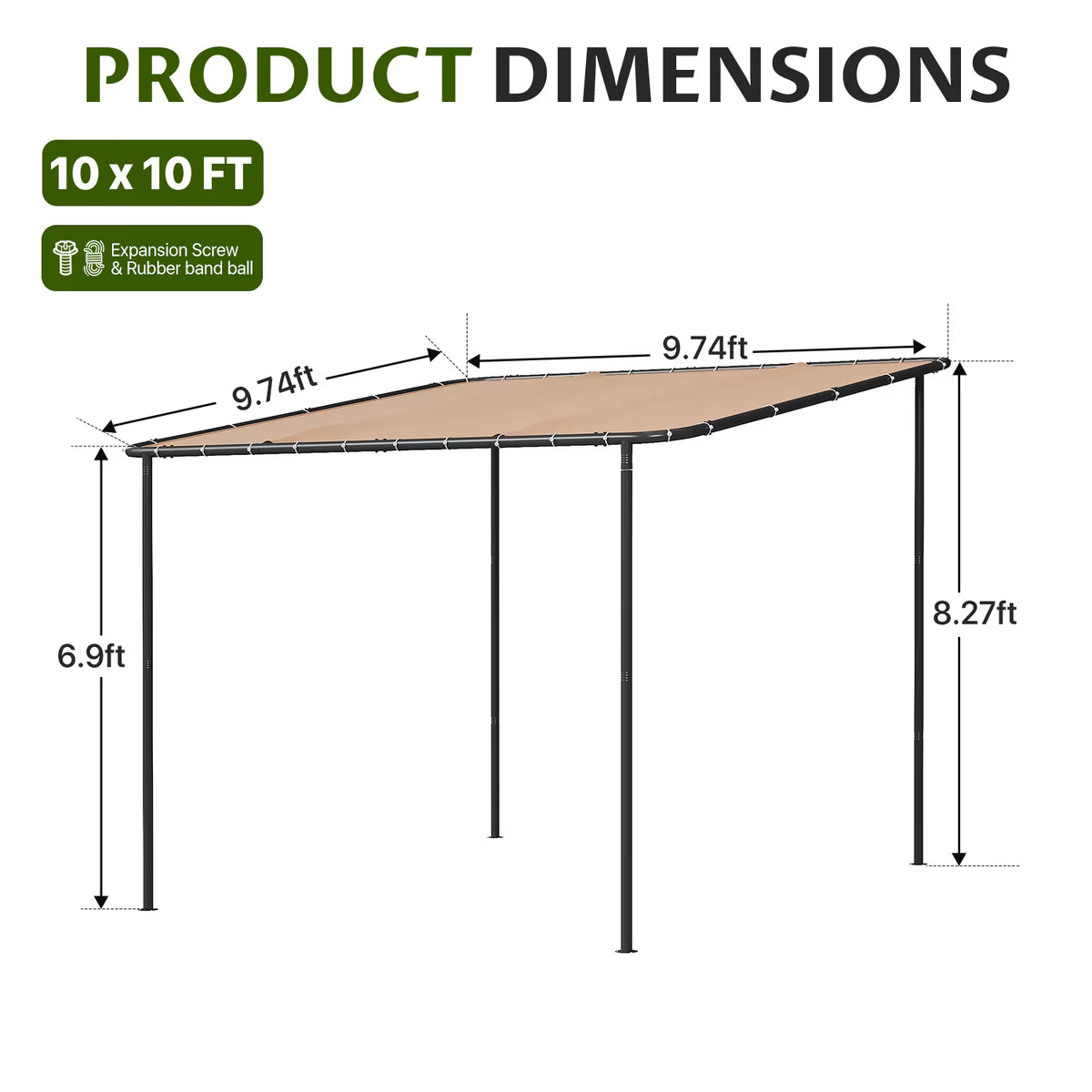 Dateyes 10'x10' Wall-Mounted Metal Gazebo , Water-Resistant Khaki Canopy with UV Protection for Patio & Garden