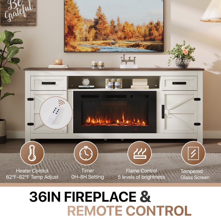 Sonegra 80" Fireplace TV Stand, Entertainment Center for TVs Up to 90”, TV Console with Storage Cabinets, Media Console for Living Room, White TV Stand and Black Fireplace, White