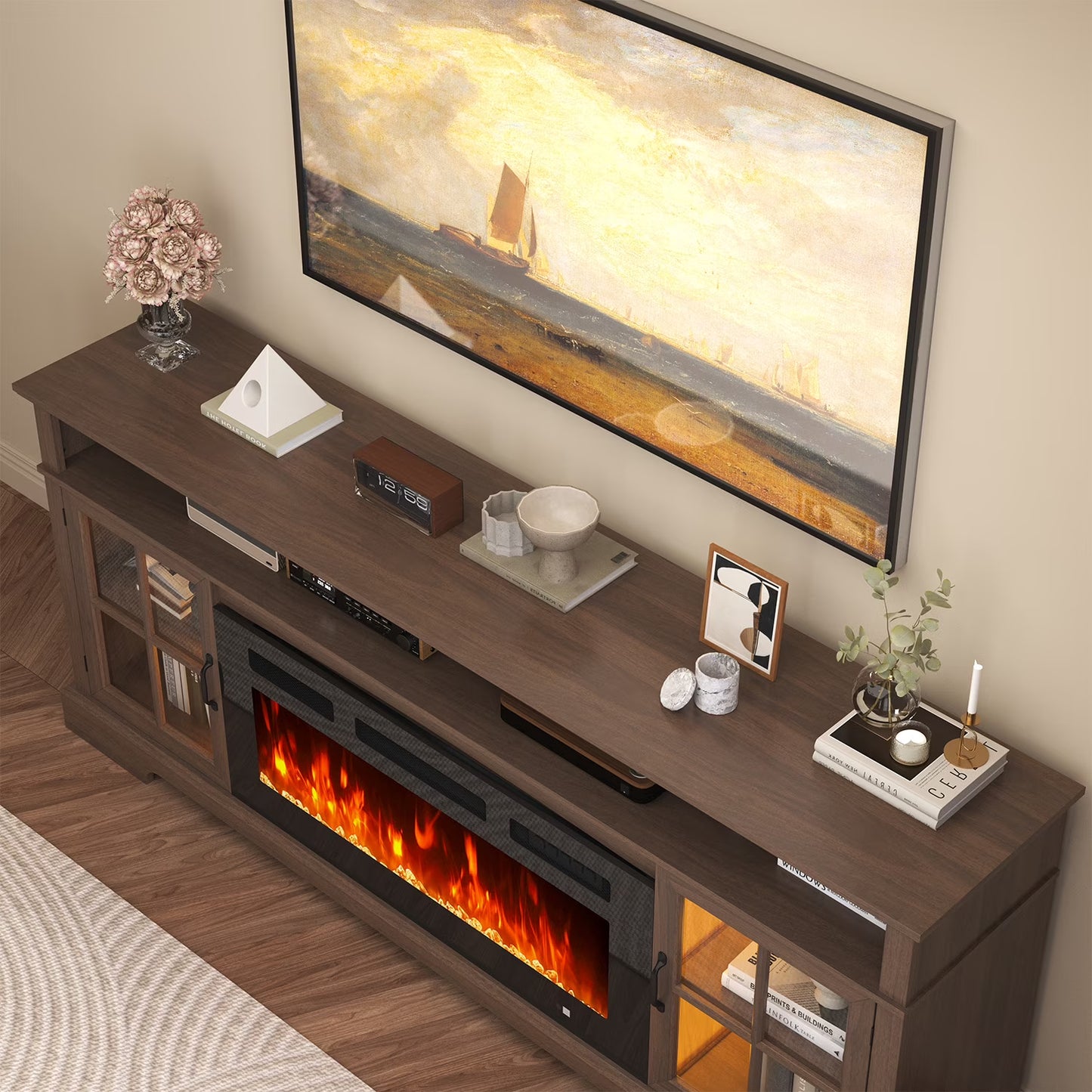 Sonegra Fireplace TV Stand, Farmhouse Entertainment Center for TVs Up to 81”, TV Console with Storage Cabinets, Media Console for Living Room, Brown