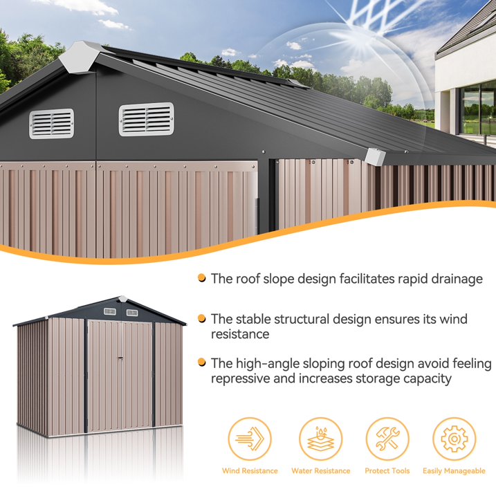 Sunmthink 6X8FT Outdoor Storage Shed with Plastic Floor, Metal Tool Shed with Lockable Door and Vents, Patio Shed for Garden, Backyard, Poolside, Brown