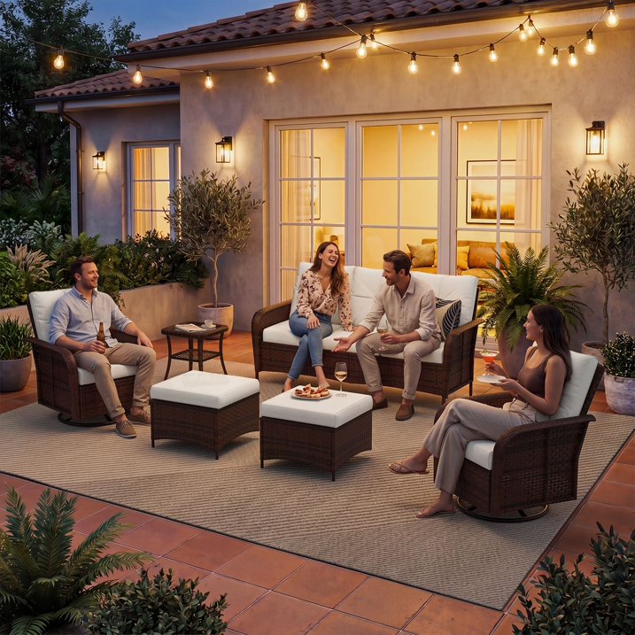 Sunmthink 6-Piece Patio Furniture Set, High Back Swivel Rocker Chairs with Thick Cushions, Wicker Rattan Outdoor Sectional Sofa with Ottoman, Beige