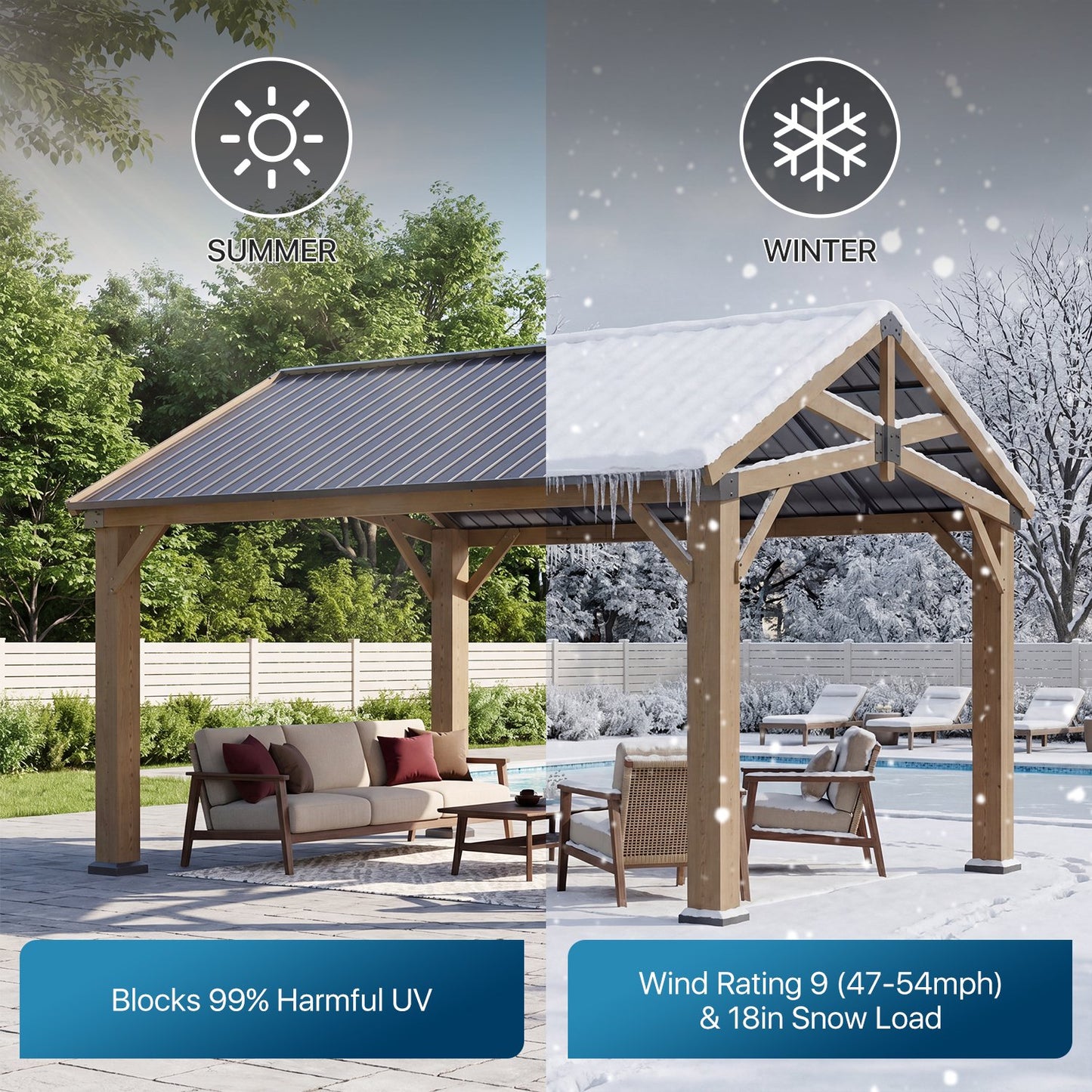 Sunmthink 12' x 14' Wood Frame Gazebo, Hardtop Gazebo with Galvanized Steel, Permanent Wooden Pavilion for Patio Backyard Lawn Garden