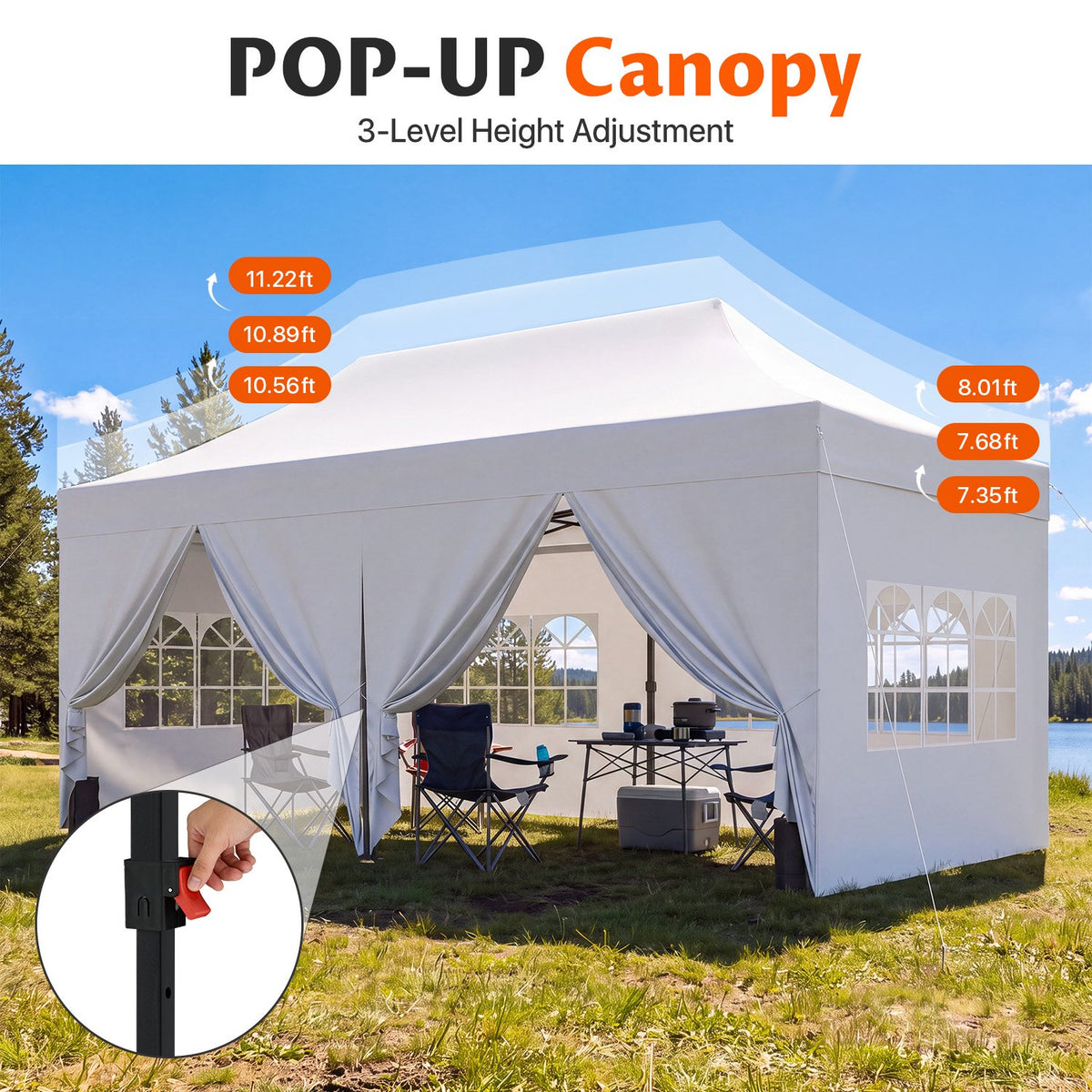 Dateyes 10x20 FT Pop Up Canopy Tent with 45mm Heavy Duty Steel Frame & 6 Sidewalls, Waterproof Outdoor Canopy, 3-Level Adjustable Height, Instant Party Tent with Roller Bag, White