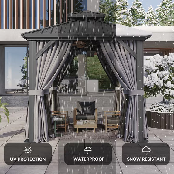 Aoxun 8'x8' Hardtop Gazebo, Aluminum Frame Gazebo with Double Galvanized Steel Roof, Outdoor Metal Pavilion with Netting and Curtains for Backyard, Gray
