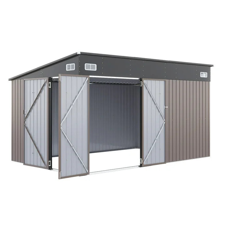 Clouddwell 12ft x 8ft Heavy-Duty Metal Storage Shed with 3 Doors, Lockable Lean-To Design, Weatherproof for Garden & Tools (Brown)