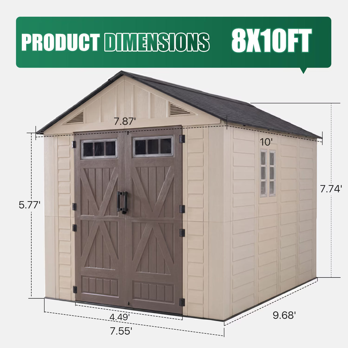 Clouddwell 8x10 FT Outdoor Storage Shed with Floor, HDPE Resin Garden Storage House with Double Doors, Windows & Ventilation, Heavy Duty Backyard Tool Shed for Lawn Equipment and Garden Supplies
